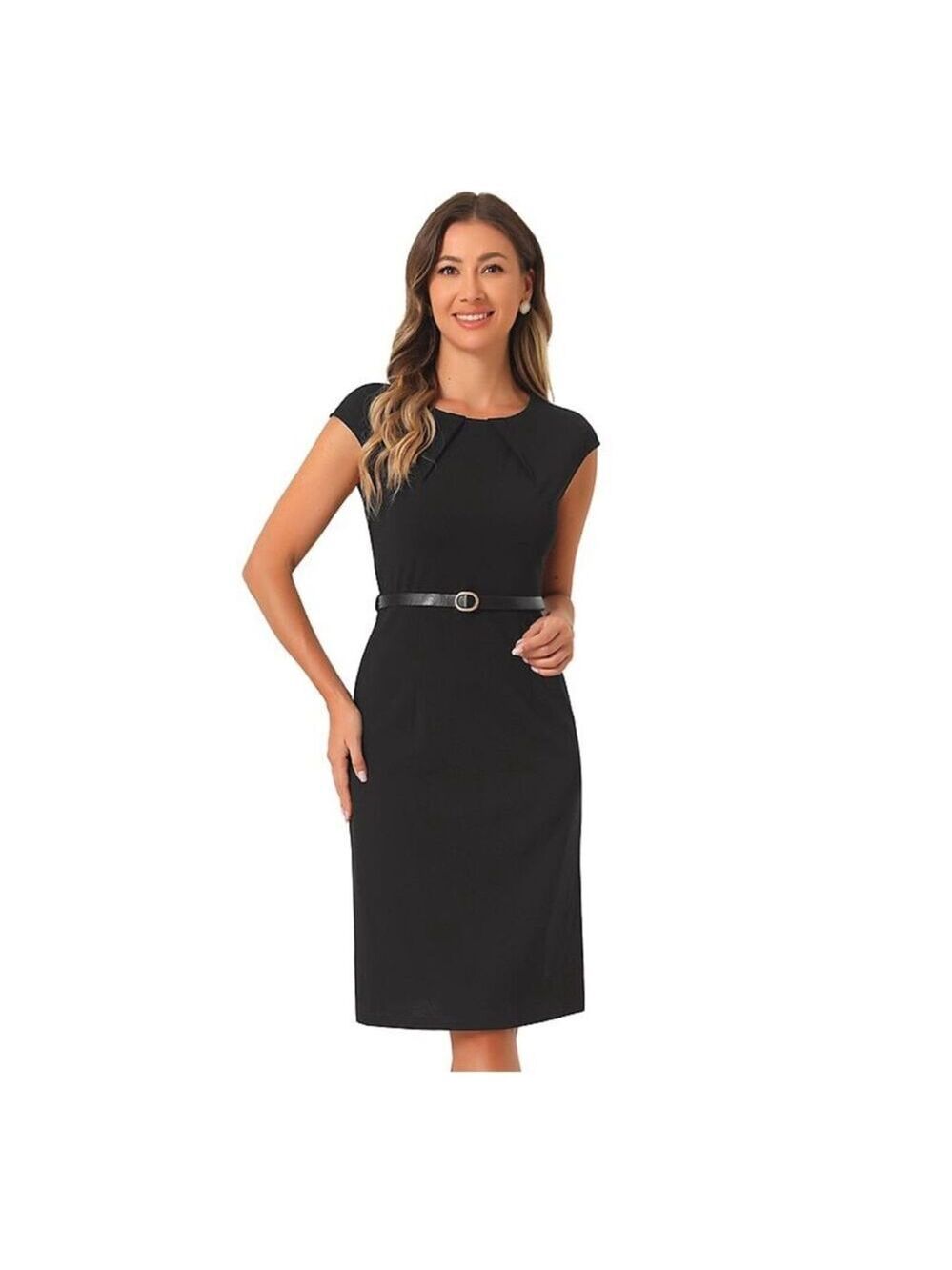Allegra K Black Sheath Dress XL Belted Cap Sleeve Career Office Work Dress